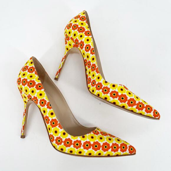 Manolo Blahnik Yellow Orange Floral Cotton BB Pointed Toe Stiletto Heels IT 37.5 - Picture 4 of 13